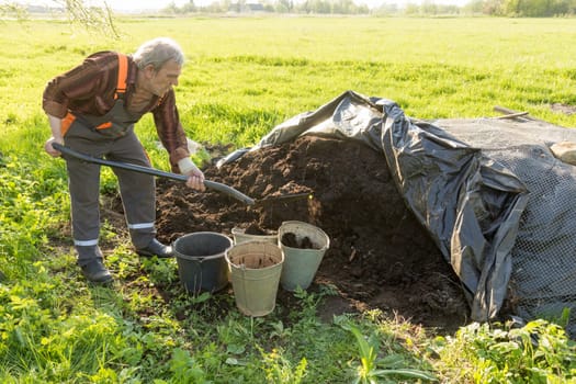 old man working in garden. putting organic fertilizer in buckets.