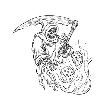 Drawing sketch style illustration of the Grim Reaper with a scythe throwing rolling the dice on isolated white background done in black and white.