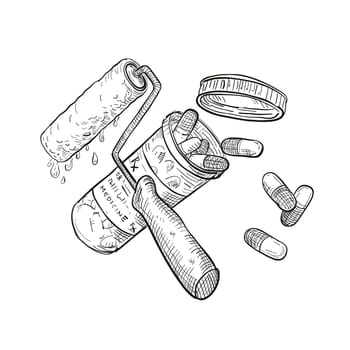Drawing sketch style illustration of a concept of paint doctor showing a crossed paint roller and medicine or pill capsule container bottle on isolated white background in black and white.