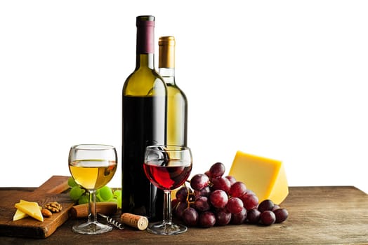 Bottle of red and white wine with snack food on white background.