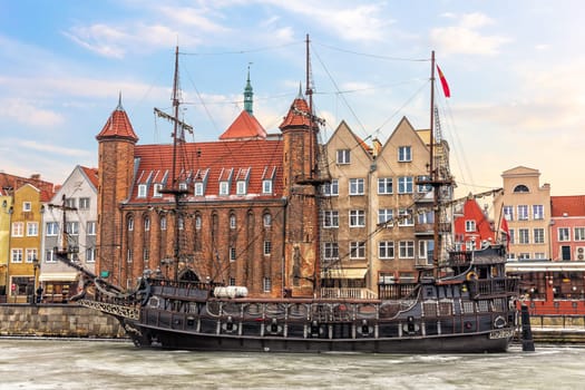 Vintage ship in the Motlawa in Gdansk. Poland