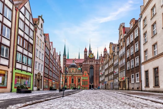 Gdansk street and the Royal chapel view in winter, Poland.