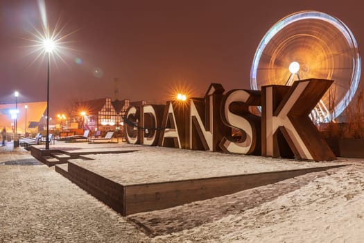 Gdansk inscription, a famous landmark near the ferris wheel on the bank of the Motlawa, Poland.
