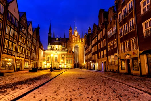 St Mary's Church and Royal Chapel of Gdansk, night winter view, Christmas time, Poland.