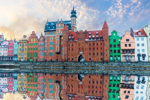 Colorful buildings of Gdansk by the Motlawa river, Poland.