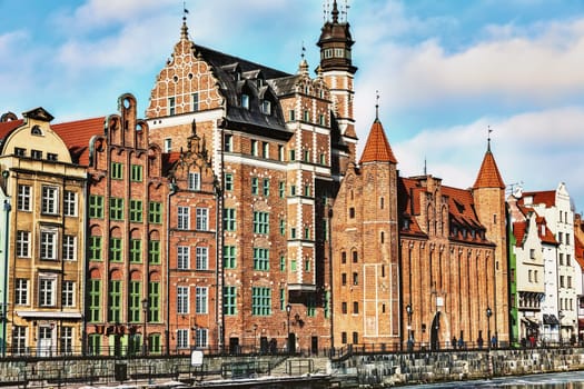View on Mariacka gate from the Motlawa, Gdansk, Poland.