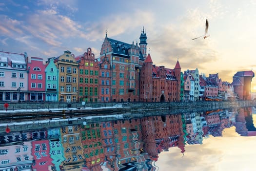 Gdansk riverside view, beautiful Old Town facades and Zuraw Port Crane.