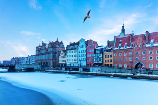 Green Bridge and Old Town buildings of Gdansk, winter view.