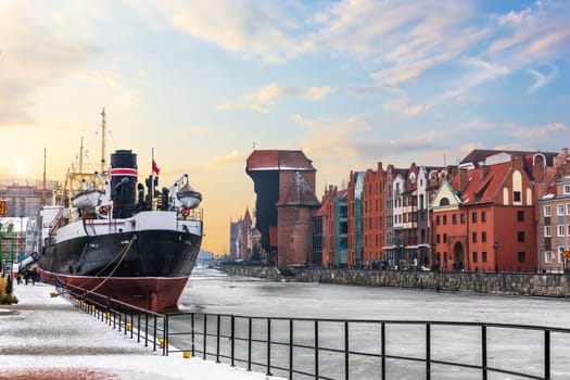 Soldek ship, the Motlawa and Zuraw Port Crane in Gdansk, Poland, winter view.