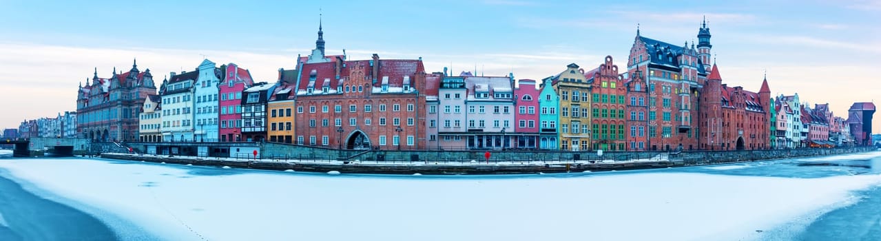 Gdansk winter panorama with colorful facades on the bank of the Motlawa, Poland.