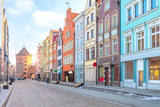 Morning European street of Gdansk near the Stagiewna Gate on Granery Island, Poland.