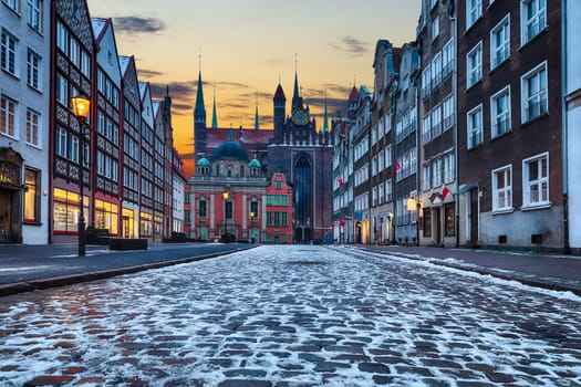 Mysterious medieval street in Gdansk, Poland, twilight view with no people.