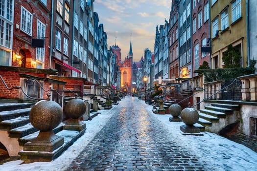 Mariacka Street of Gdansk, night winter view in Poland.