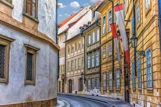 Narrow Prague street near Waldstein Palace, no people.
