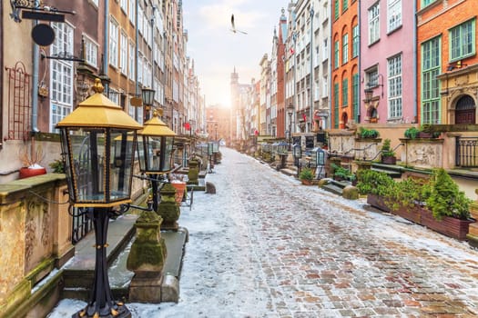 Old European Street Mariacka in Gdansk, Poland, morning view, no people.