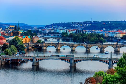 Prague bridges in the morning fog, Czech Republic.