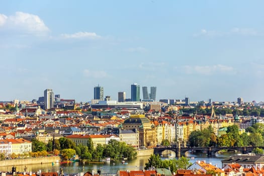 Legion bridge, National Theatre, old and new buildings of Prague.