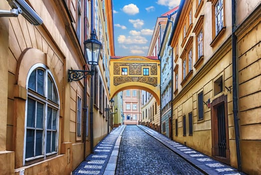 Medieval lane of Prague with a loggia e the buildings, Thunovska street.