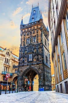 Powder Gate, a famous tower in the Royal Route of Prague, Czech Republic.