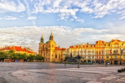 Old Town Square, the Church of Saint Nicholas and the Jan Hus memorial, Prague.