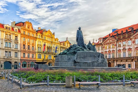 The Jan Hus Memorial in Old Town Square of Prague, Czech Republic.