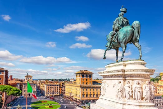 Bronze statue of Victor Emmanuel II and view on the Piazza Venezia