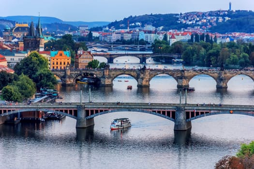 Charles bridge and other Prague bridges view, Czech republic.