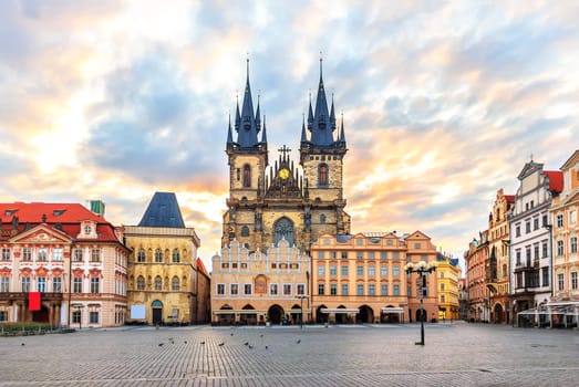 Old Town Square and the Church of Mother of God before Tyn at sunrise, Prague.