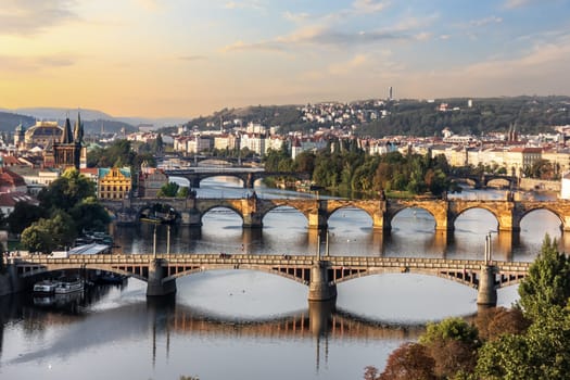 Charles bridge and other bridges in Prague, aerial view.