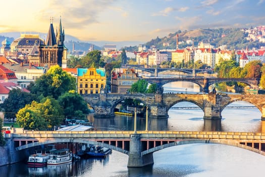 Manes Bridge and Charles Bridge over the Vltava, Old Town Bridge Tower and  National Theatre of Prague.