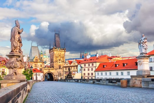 Charles Bridge with Statues of Saint Augustine of Hippo and St Philip Benitius, Lesser Town of Prague.