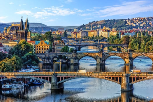 Manes Bridge, Charles Bridge and Legion Bridge view in Prague, Czech Republic.