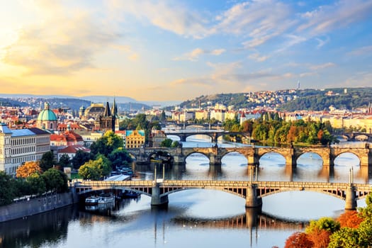 Bridges of Prague at sunrise, view from Prague Metronome.
