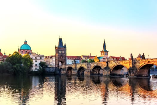 Charles Bridge, St. Francis of Assisi Church and Old Town Bridge Tower, Prague.
