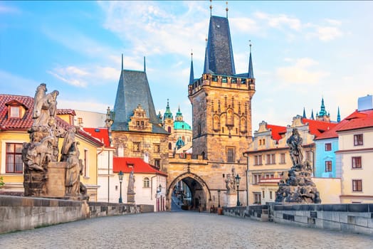 A view of the bridge tower at the end of the Charles Bridge on the side of Mala Strana, Prague.
