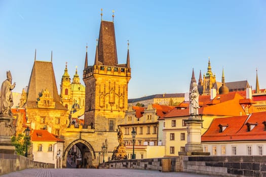 Charles Bridge and Mala Strana Bridge Tower, morning view, no people.