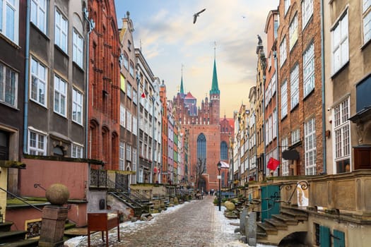 Famous street of Gdansk, Mariacka street, view on St Mary's Church, Poland.