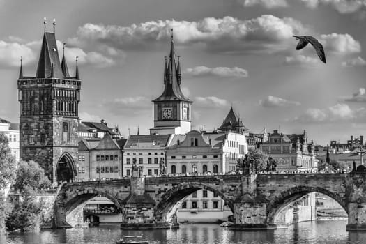 Charles Bridge in Prague, black and white postcard style.