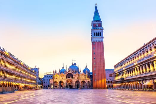 Basilica San Marco with its Campanile in the famous Piazza San Marco, Venice.
