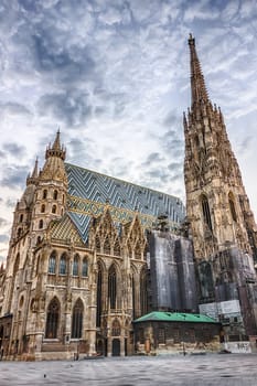 St. Stephen's Cathedral in Vienna, beautiful view in a cloudy day, no people.