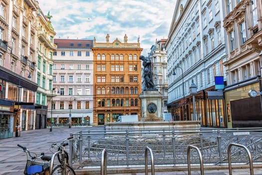 Graben, Vienna street in the centre with monuments and a parking for bicycles.