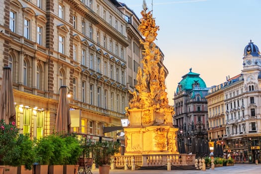 Graben Street of Vienna with a Plague Column, Austria, evening view.