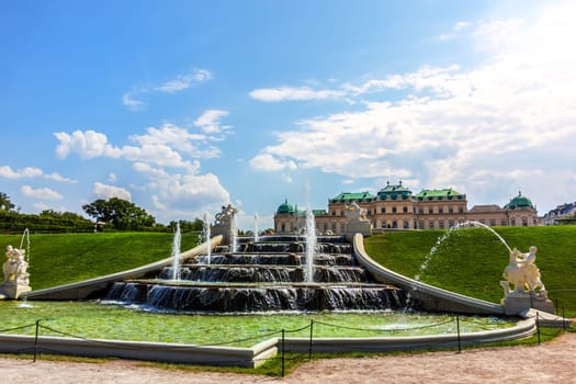Belvedere cascade fountain in Vienna, summer view, no people.