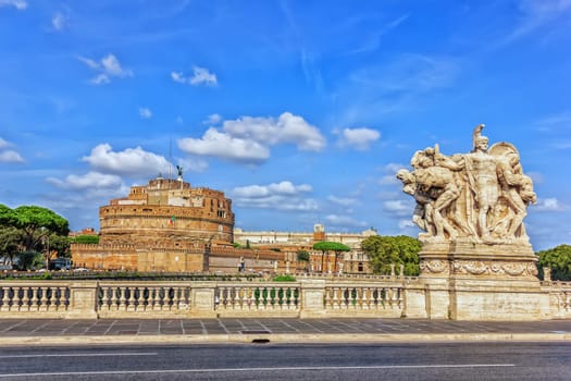 Castel Sant'Angelo and the statues on the Bridge of Vittorio Emanuele in Rome.