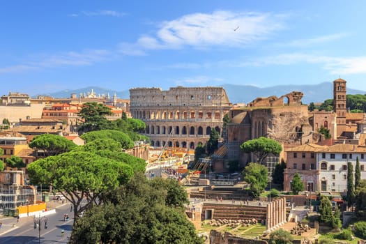 Coliseum and Roman Forum view from the Altar of the Fatherland, Rome, Italy.