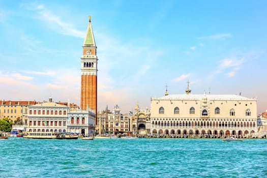 Piazza San Marco with the Basilica, the Campanile and the Doge's Palace view from the sea, Venice.