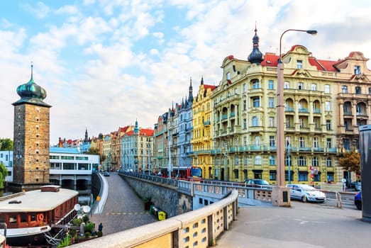 Prague old buildings, view from Jirasek Bridge near the Dancing House.