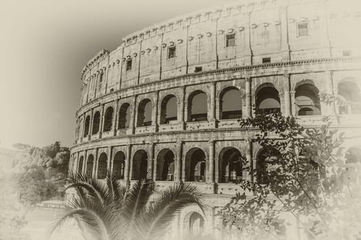 The Colosseum detailed view in retro style, Rome, Italy.
