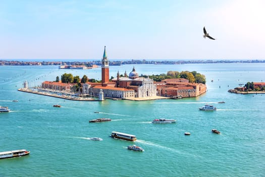 Venice island of San Giorgio Maggiore, Italy, beautiful aerial view.