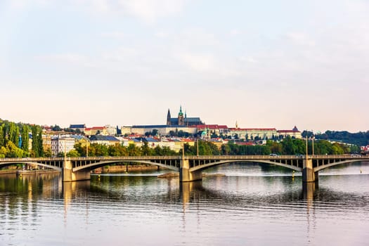 Prague bridge over the Vltava, Lesser Town and Prague castle view.